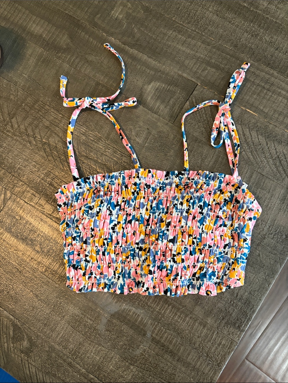 Xhilaration Pink Blue Yellow Floral Smocked Tie-Shoulder Bikini Top